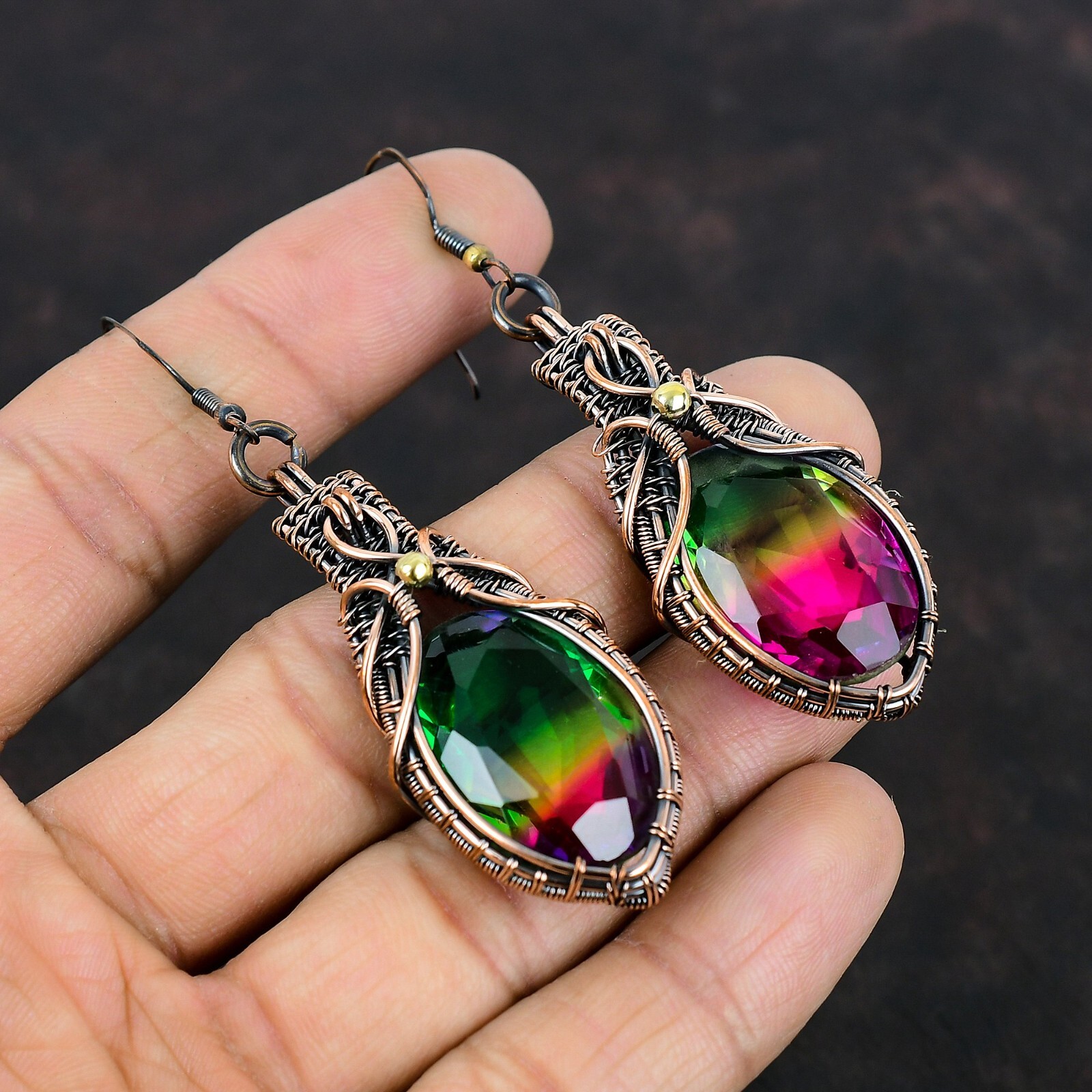 Multi Tourmaline Copper Love Gift Wire Wrapped Drop/Dangle Earrings 2.95″