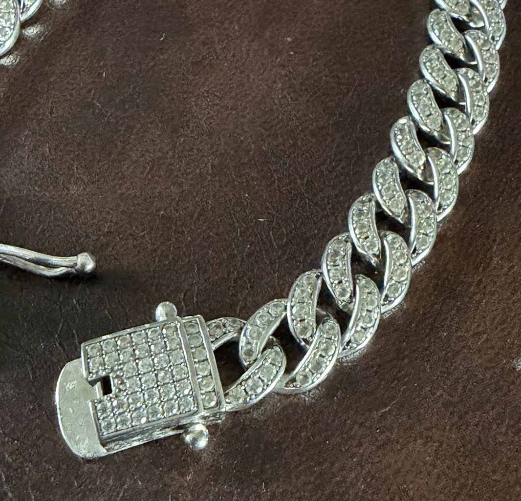 BSI 925 Sterling Silver Cuban Link Chain Cubic Zirconia Bracelet Signed
