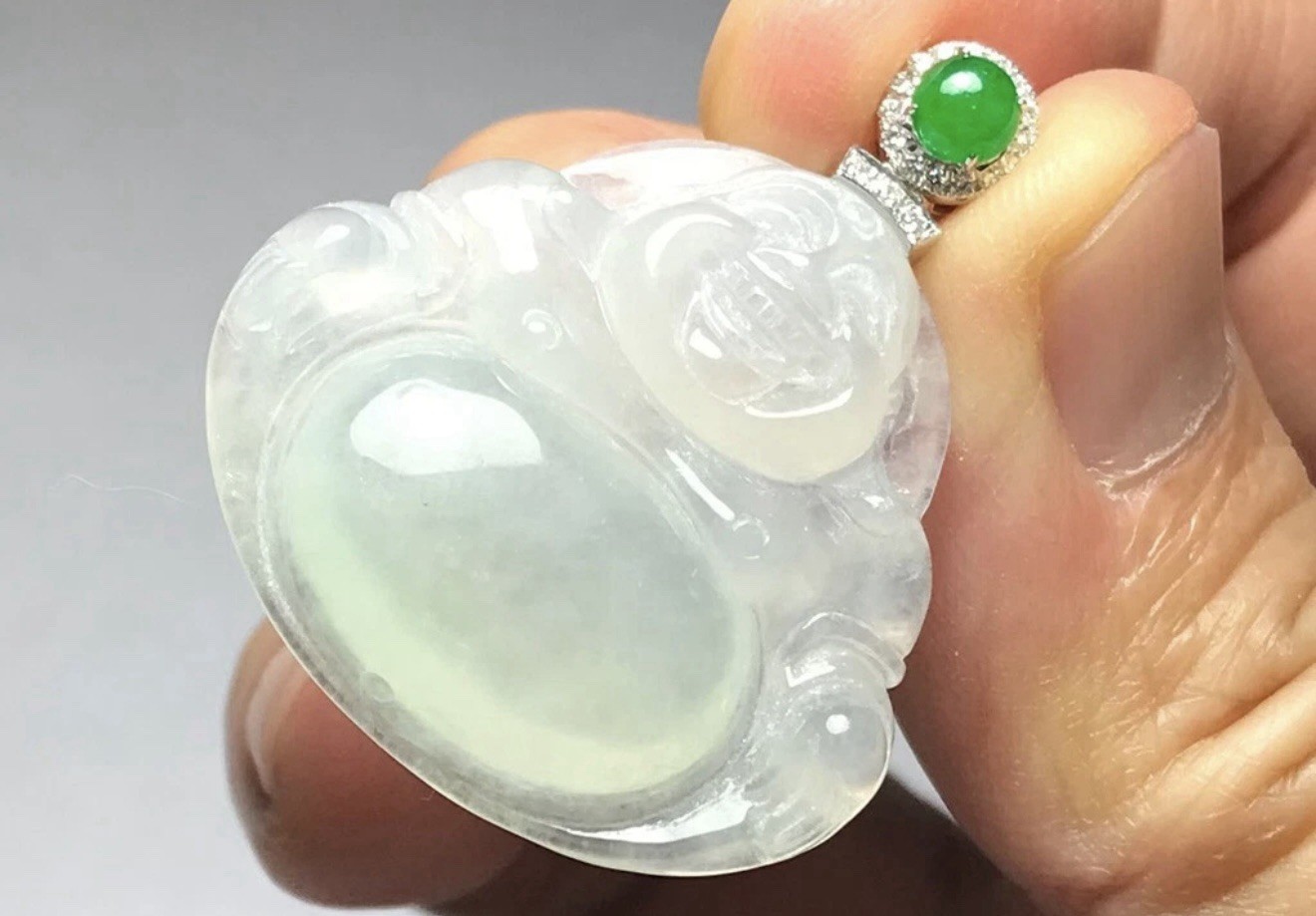 Certified Type A Icy Jadeite Happy Buddha Pendant 18K White Gold Diamond Bail