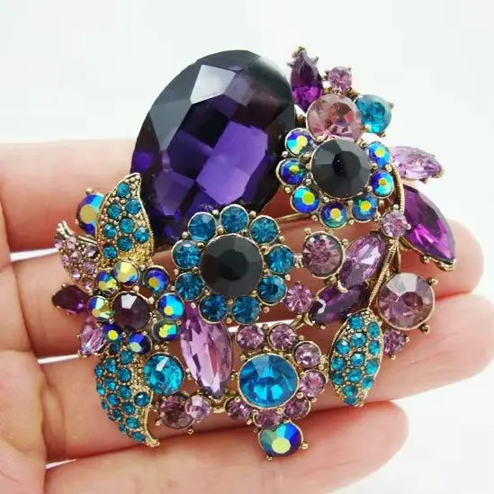 Gorgeous Purple Flower Leaf Rhinestone Crystal Brooch Pin Pendant