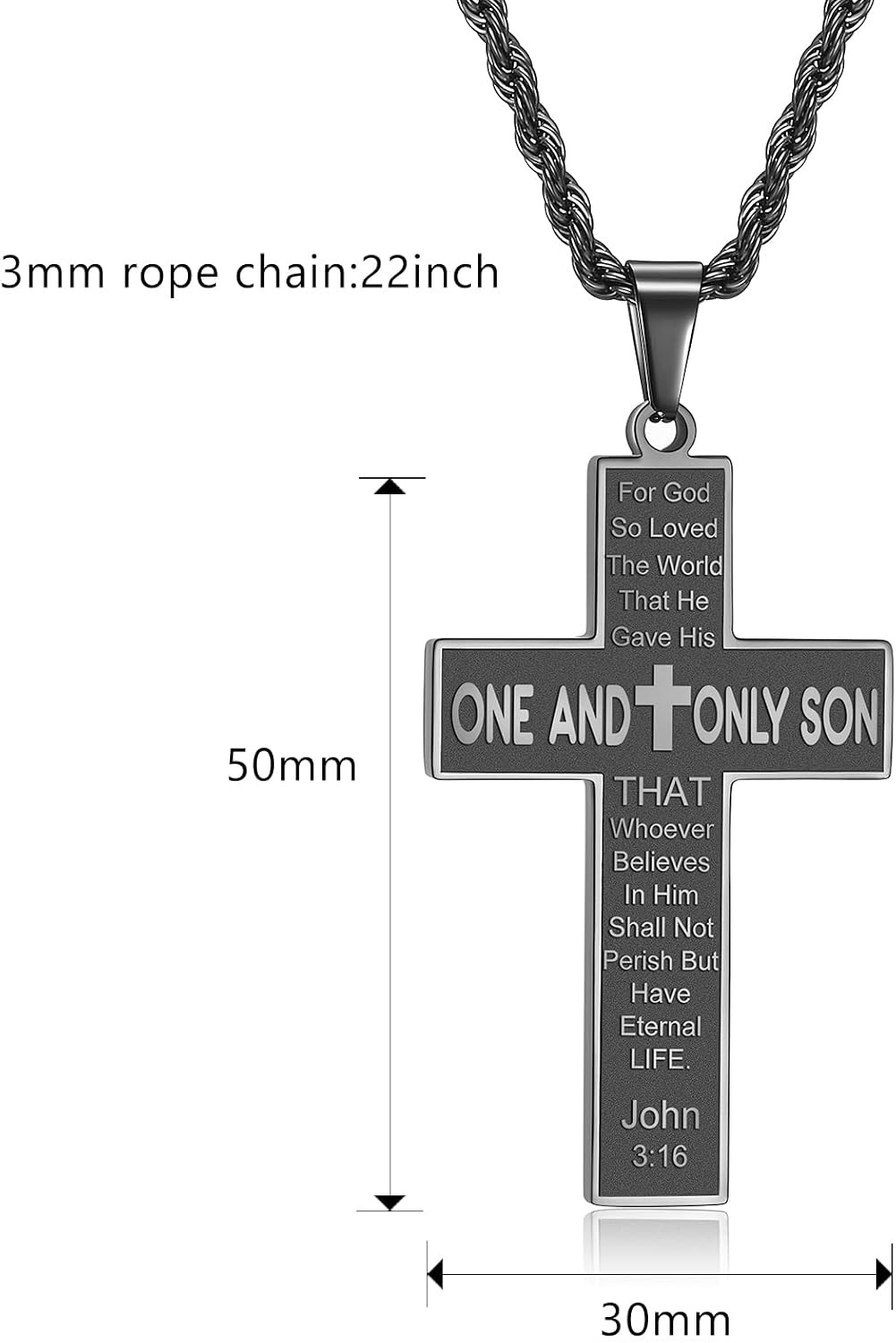 Bible Verse Cross Necklace for Men, Pendant Rope Chain for Baptism, Confirmation