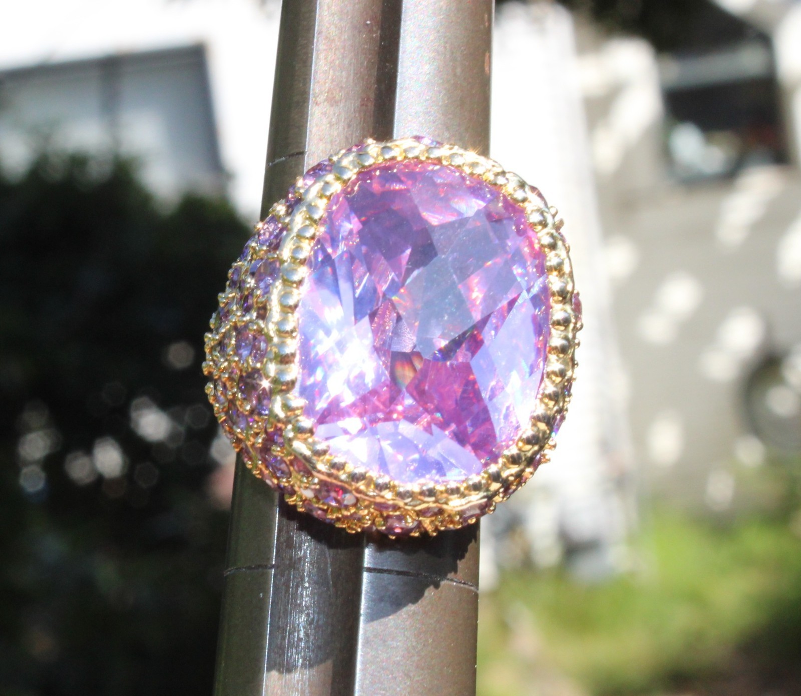 HSN IMAN Global Chic Brilliant Pink & Multi Purple Stones Knock Out Ring Size 7