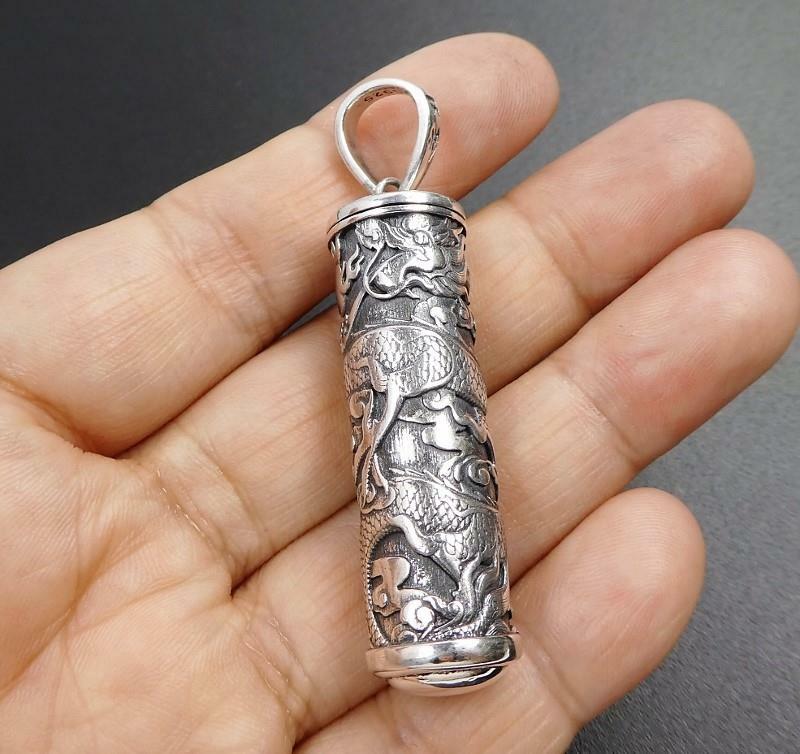925 Sterling Silver Ornate Detailed Dragon Cylinder Prayer Box Locket Pendant