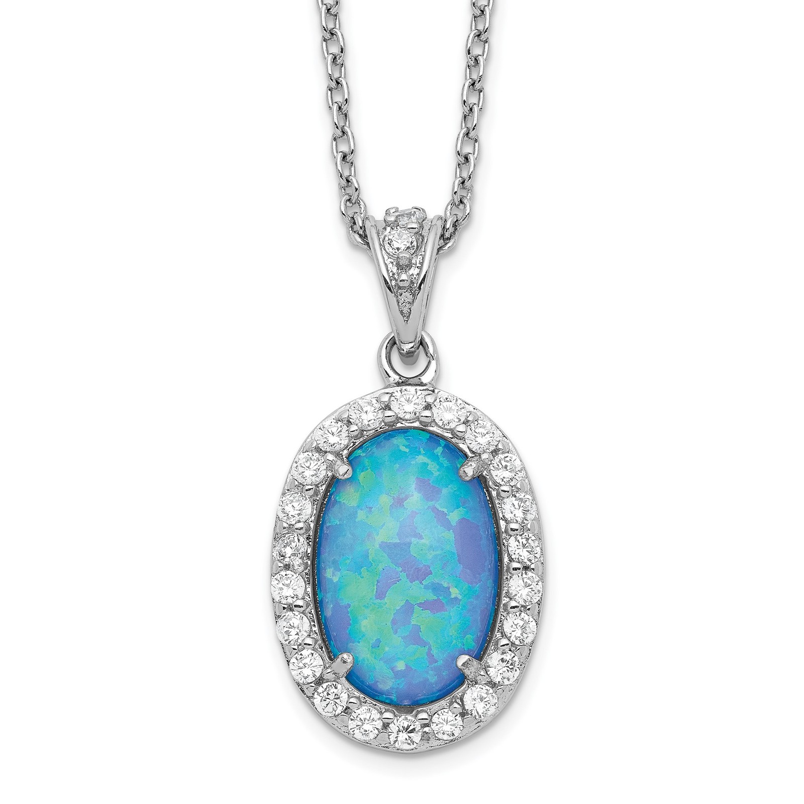 925 Sterling Silver Rhodium-plated Cabochon Lab Created Blue Chain Necklace
