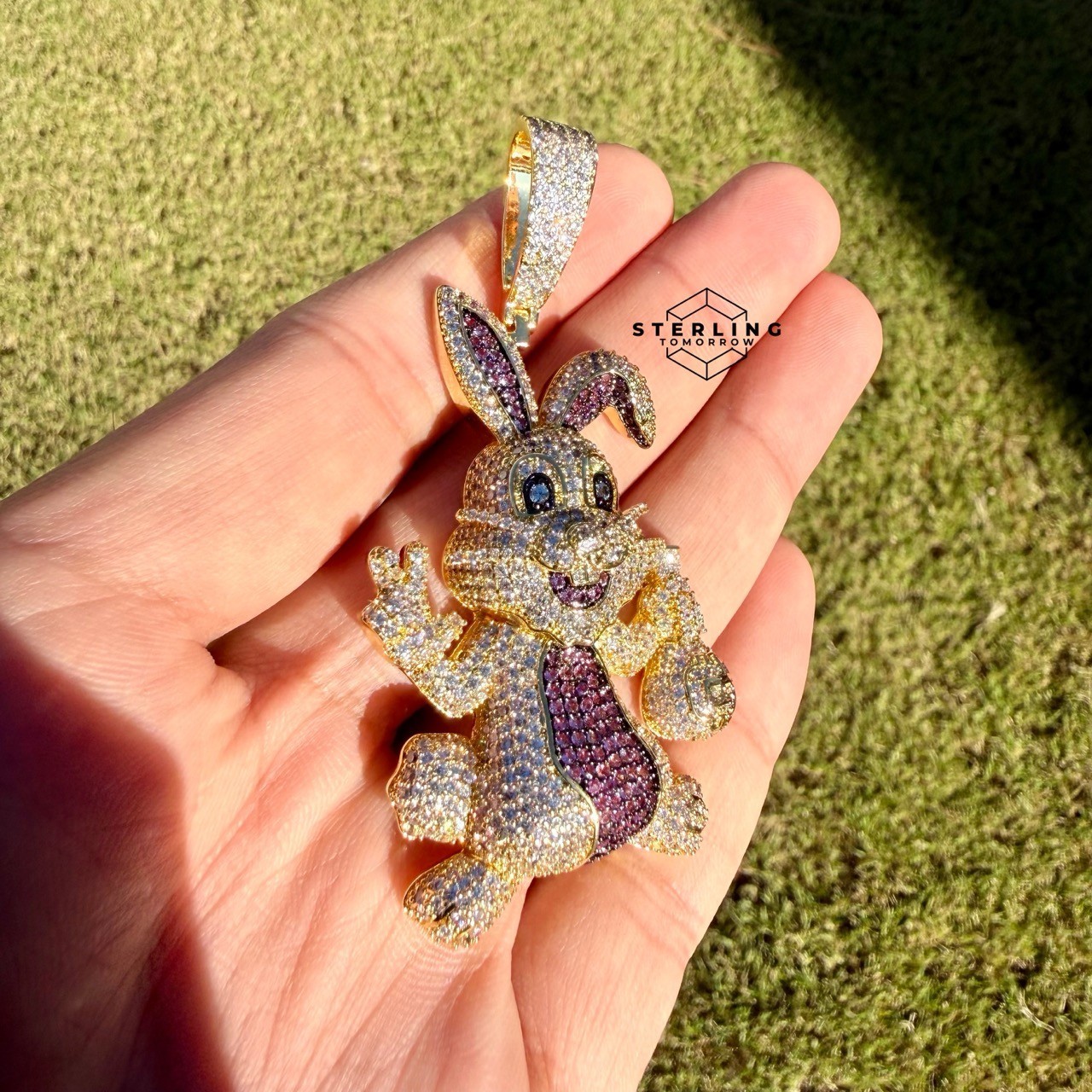 Iced Out Easter Bunny Pendant Purple CZ Gold Hip Hop Rabbit w/ Rope Chain