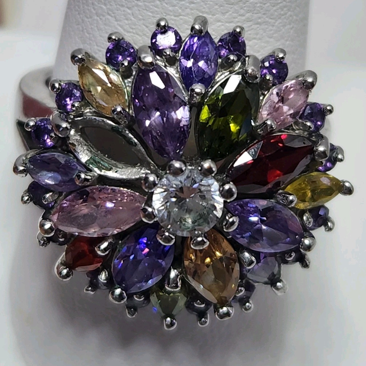 Marquis Flower 925 Plated Ring CZ Garnet Tourmaline Stones Sz 10.5 Missing Stone