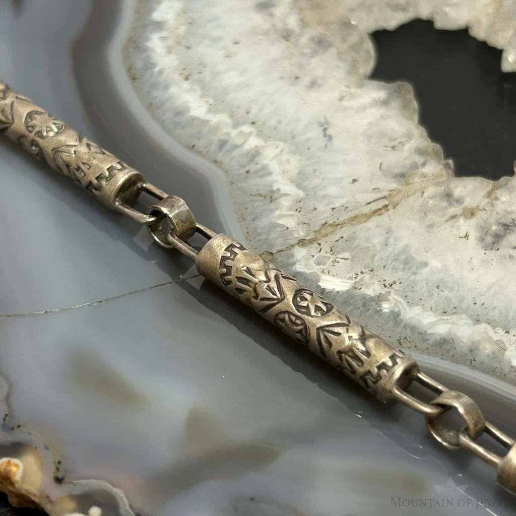 Vintage Silver Stamped Cylinder 24″ Fashion Link Necklace For Women