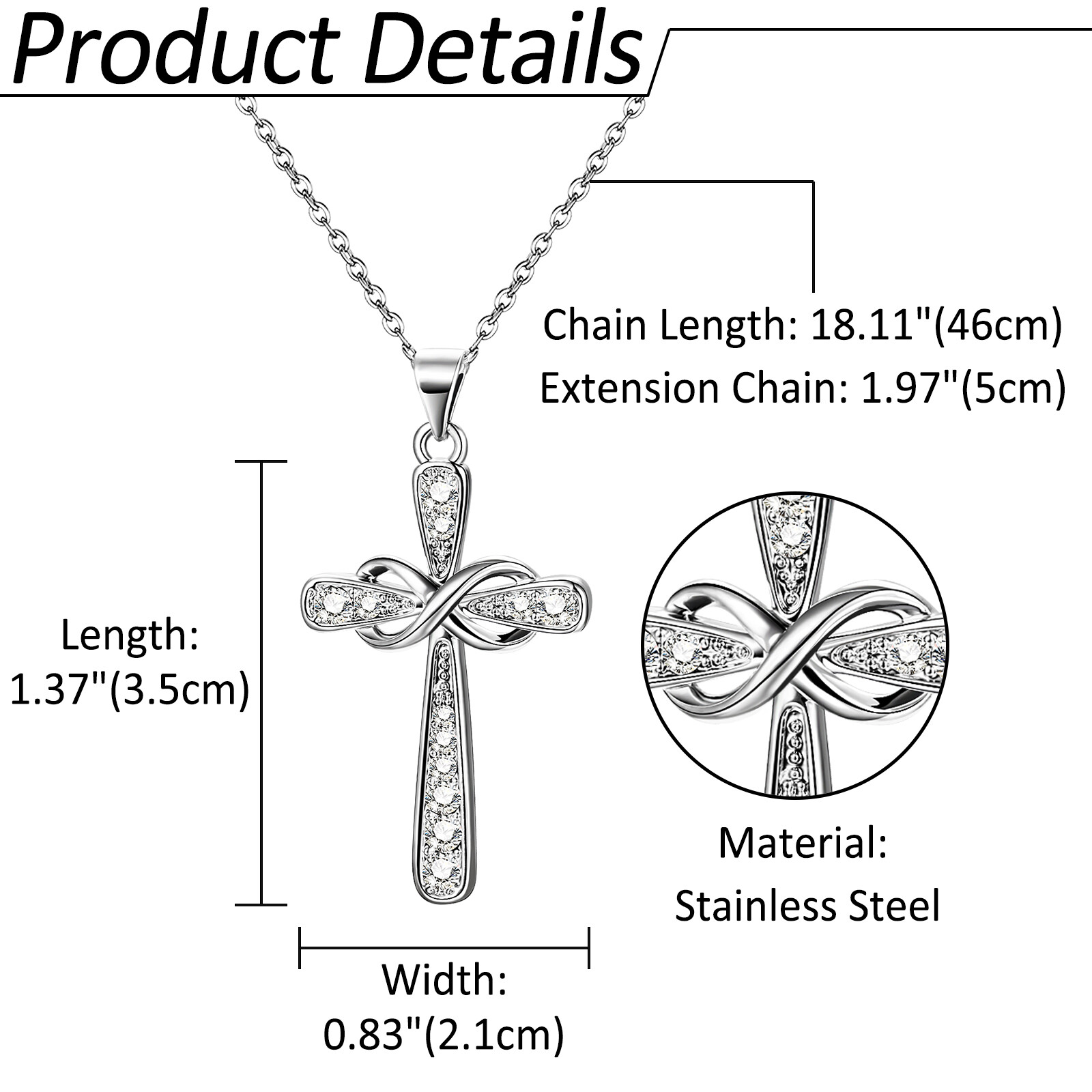 Women’s Stainless Steel Infinity Cross Pendant Religious Christ Baptism Necklace