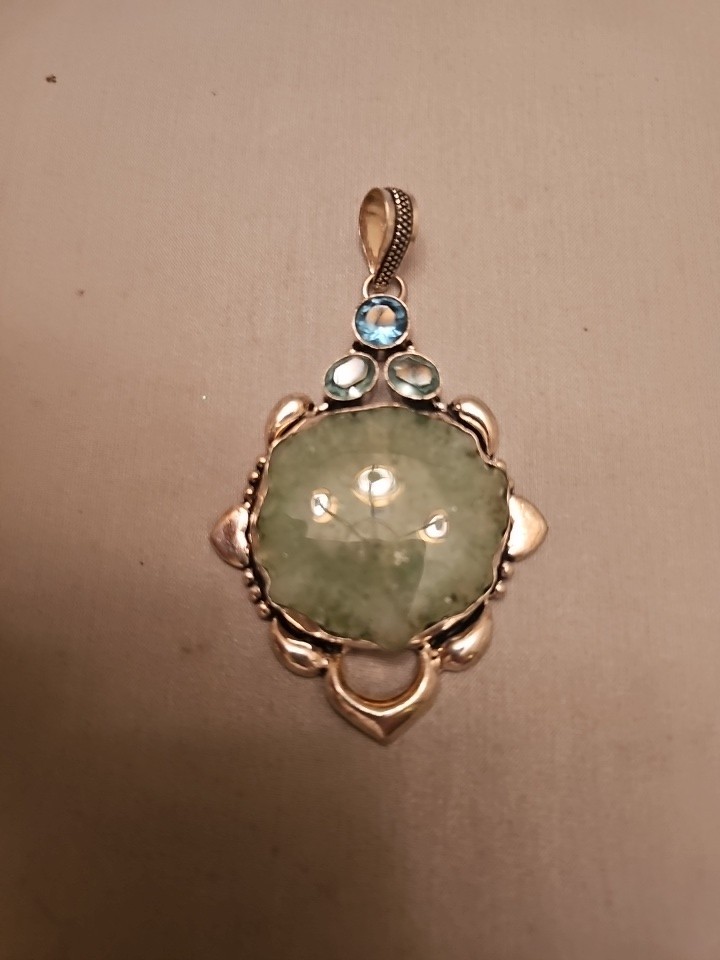 Green Stone Unknown Gemstones in 925 Sterling Silver Pendant About 3 Inches