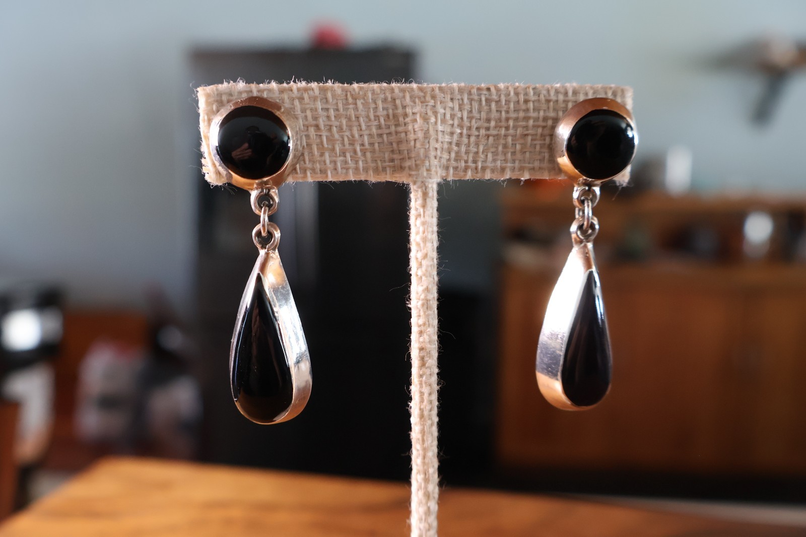 Vintage Taxco Mexican Sterling Silver Black Onyx Teardrop Earrings | 11.5g