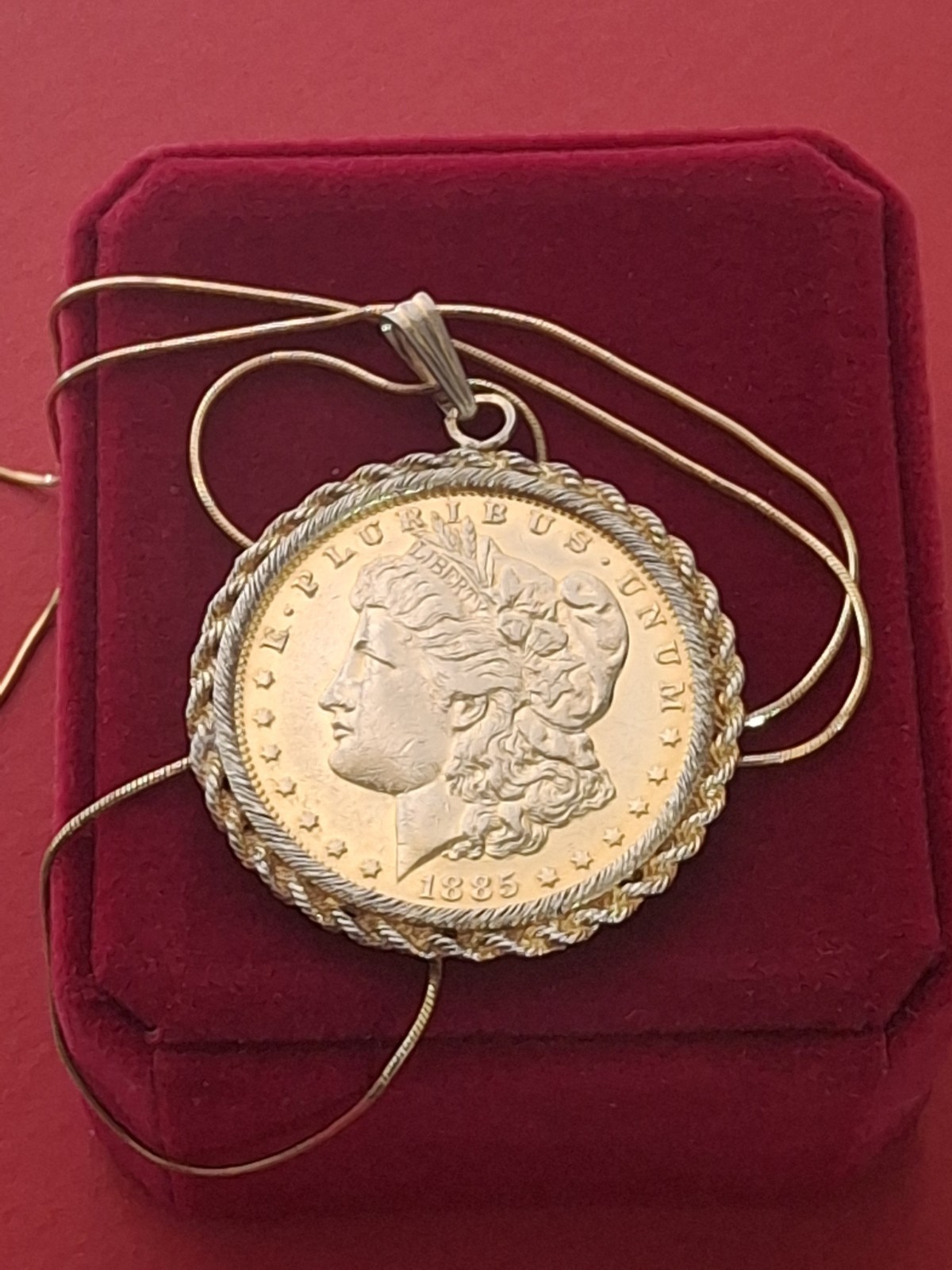 1885 .900 Morgan Gilded Silver Dollar Gold Filled Pendant 22″ chain w Gift Box
