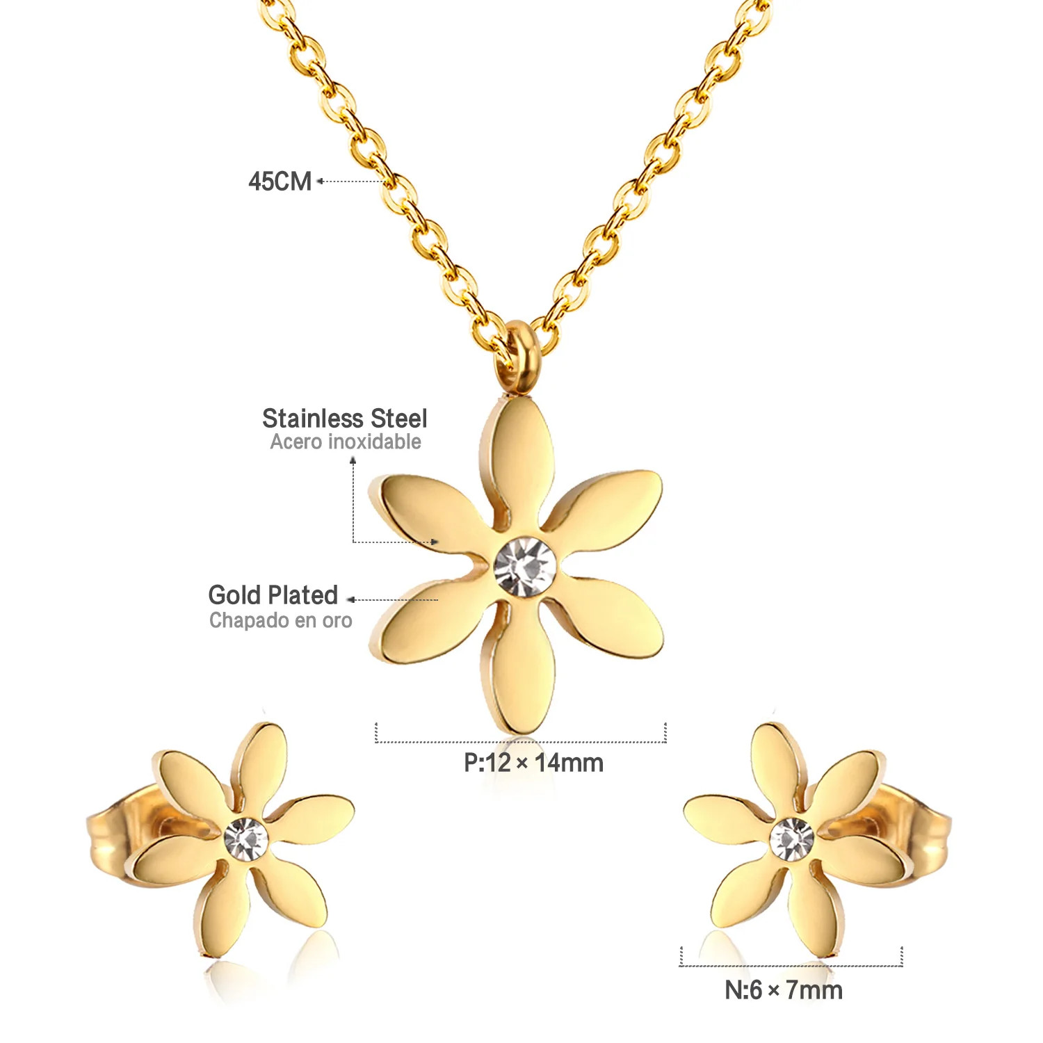 LUXUKISSKIDS Fashion Flower Necklace Earrings Set Jewelry Women Stainless Steel