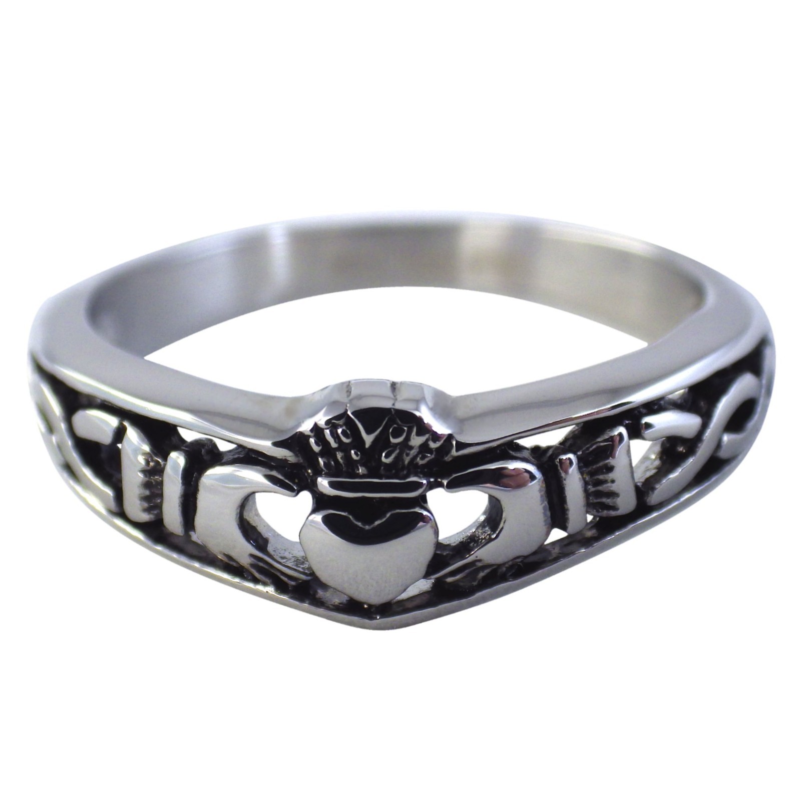 Irish Claddagh Ring Womens Silver 316L Stainless Steel Celtic Knot Wedding Band