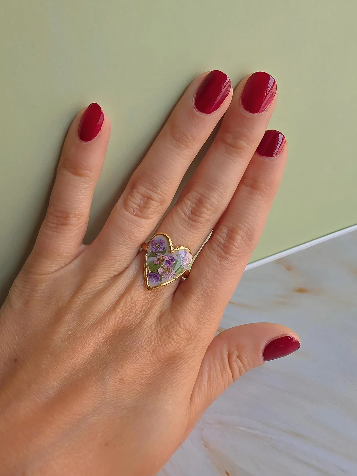 14k Yellow Gold Heart Ring Pressed Flower Plated Resin Adjustable Botanical Gift