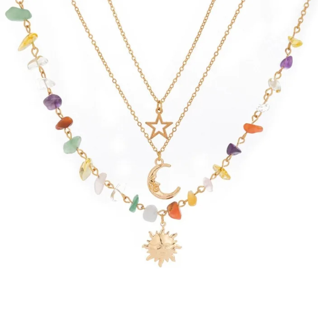 Women’s Crystal Necklace (3 Pcs), Multi Layer Necklace, Sun Star & Moon Necklace