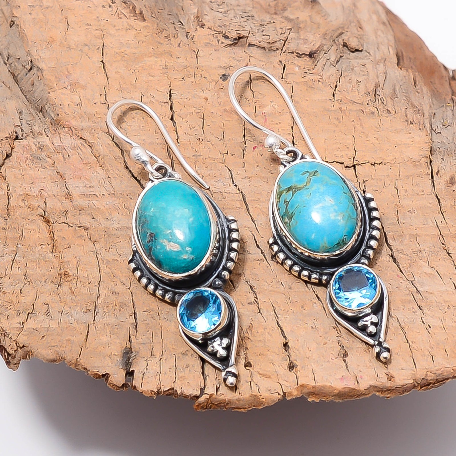 Turquoise – Tibet & Blue Topaz Oxidised Handmade 925 Silver Earring 1.82 E109548