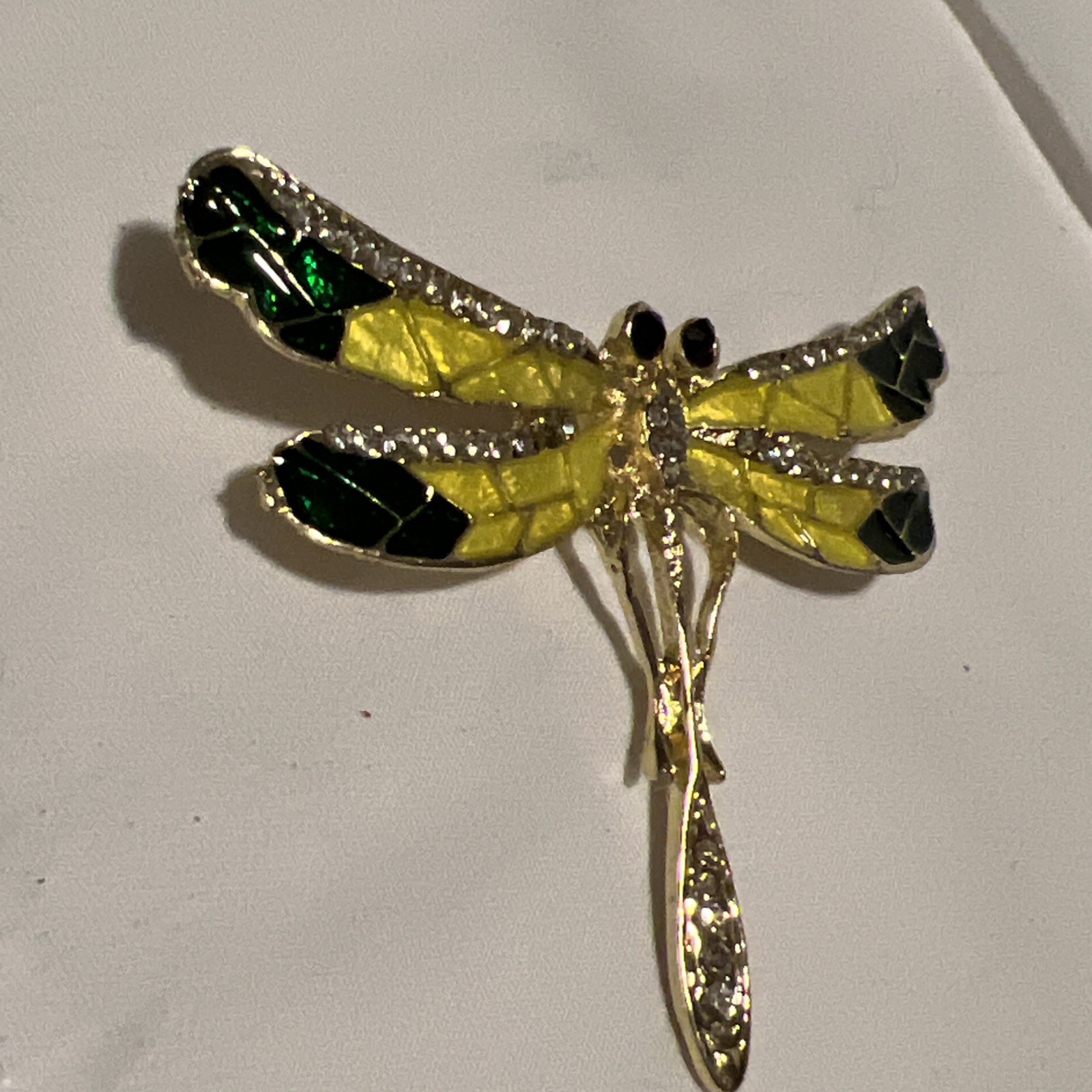 Dragonfly Green Yellow Enamel Reactive Brooch