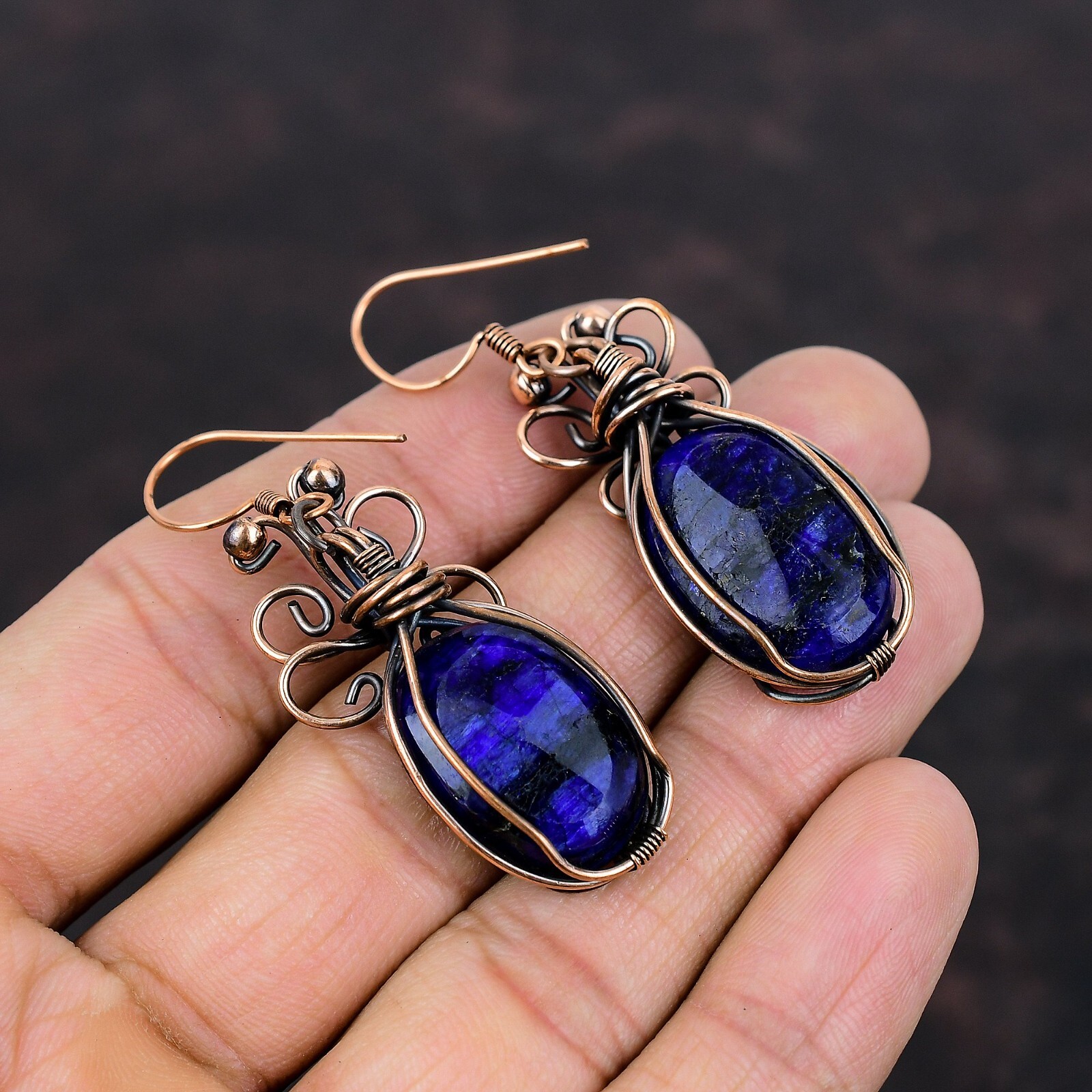 Blue Sapphire Copper Gift For Briedsmaid Wire Wrapped Butterfly Earrings 2.17″