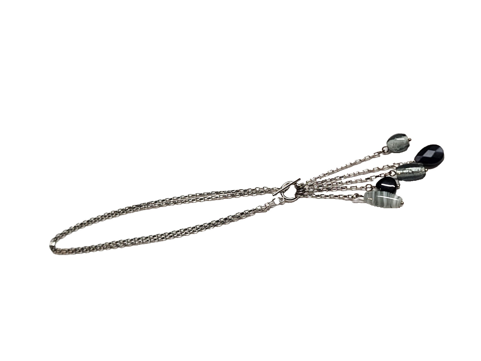 Black Gray Silver Tone Art Glass Bead Tassel Pendant Necklace 14″ Choker GUC