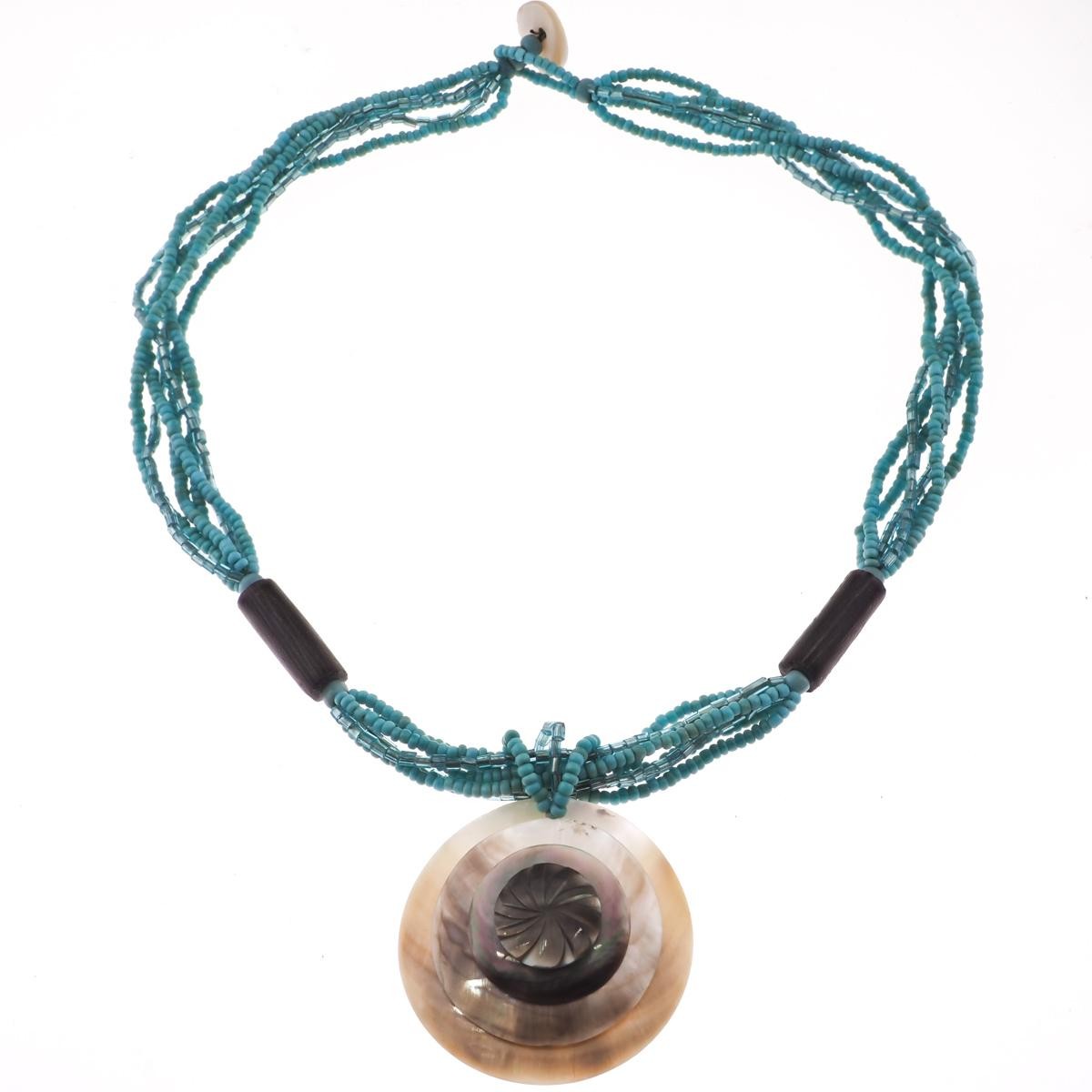 45mm Mother Of Pearl Shell Turquoise Glass Seed Beads Necklace, 19″