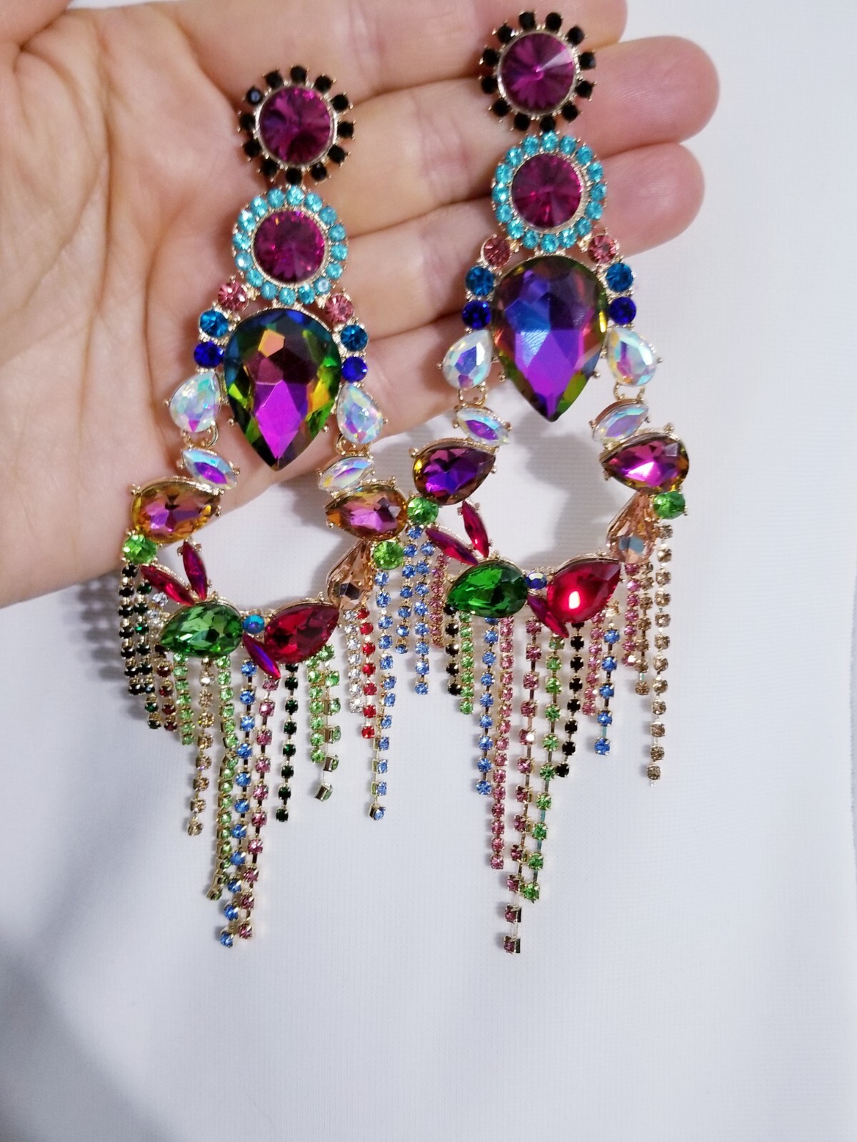 Chandelier Rhinestone Crystal Pageant Bridal Earrings Colorful Drop Dangle 6 In