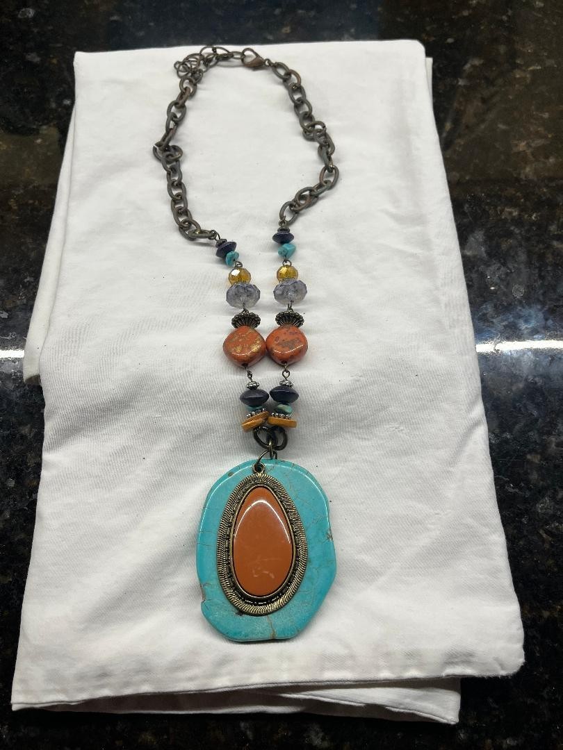 BOHEMIAN STYLE NECKLACE, TURQOISE RESIN STONE PENDANT ACCENTED BY COLORED BEADS