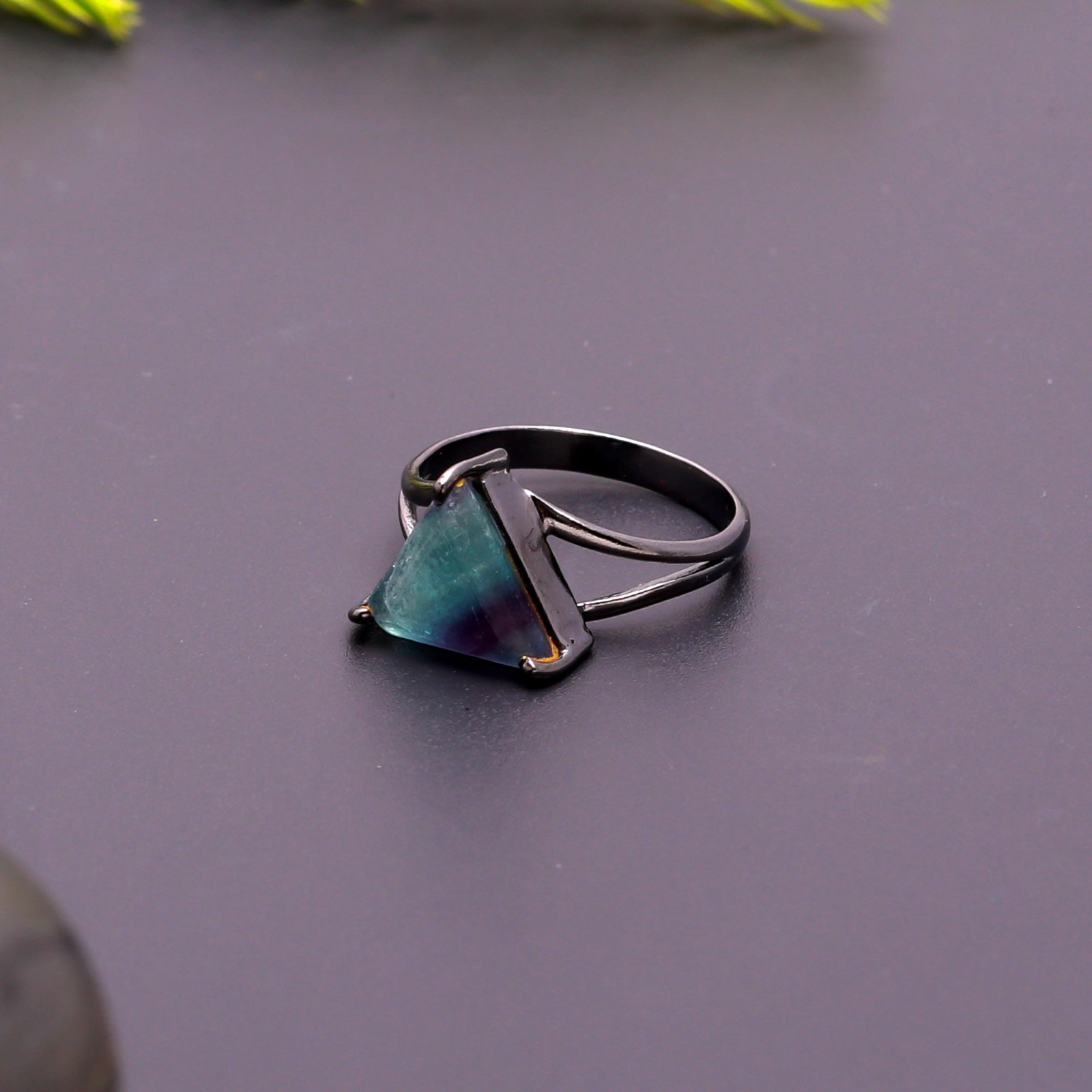 Natural Fluorite Triangle Ring 925 Sterling Silver Black Oxidized Boho Jewelry