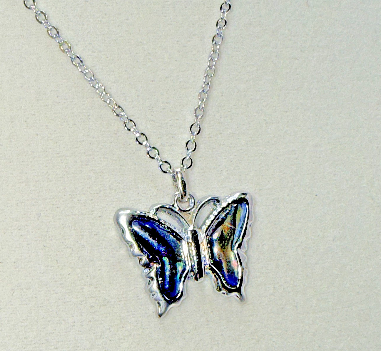 Silver Tone Abalone Shell Butterfly Pendant Necklace Iridescent Fashion Jewelry