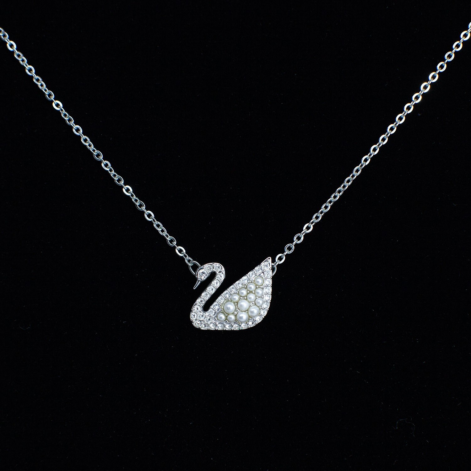 Swarovski Swan Necklace Crystal Pearl Silver Tone Chain 15” + Extender