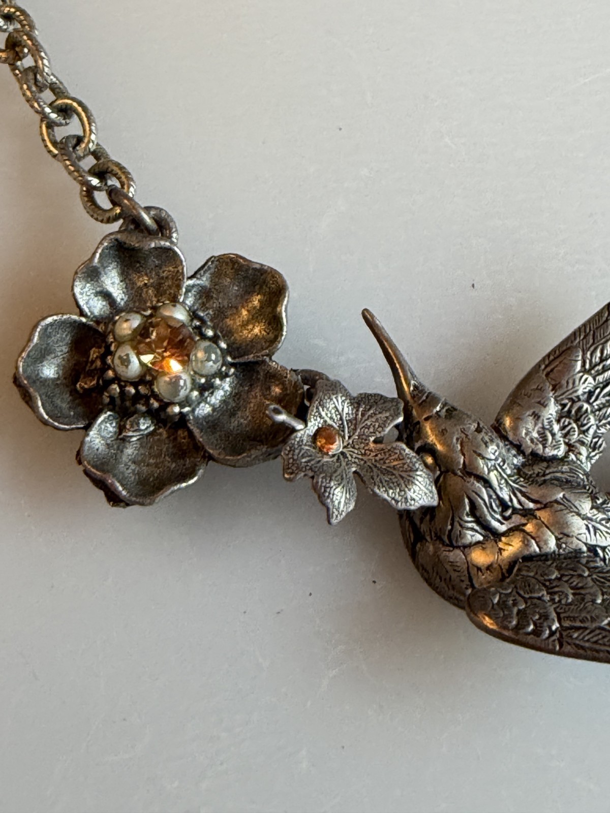 COOL Mary Demarco La Contessa Rhinestone Bird Bird’s nest Floral Necklace 16″