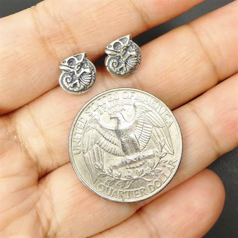 Handmade Sterling Silver Tiny Chameleon Lizard Skeleton Stud Earrings Unique