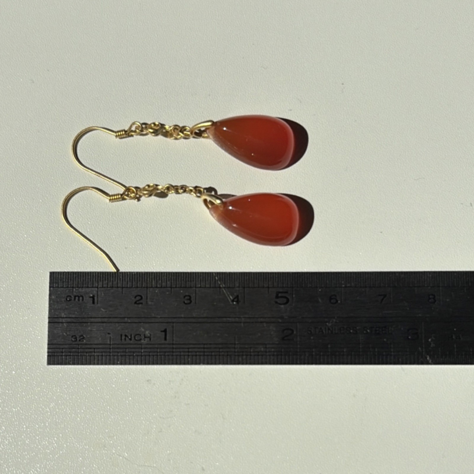 Carnelian Teardrop Dangle Drop Earrings Gold-Tone Hook ~4cm Orange Stone