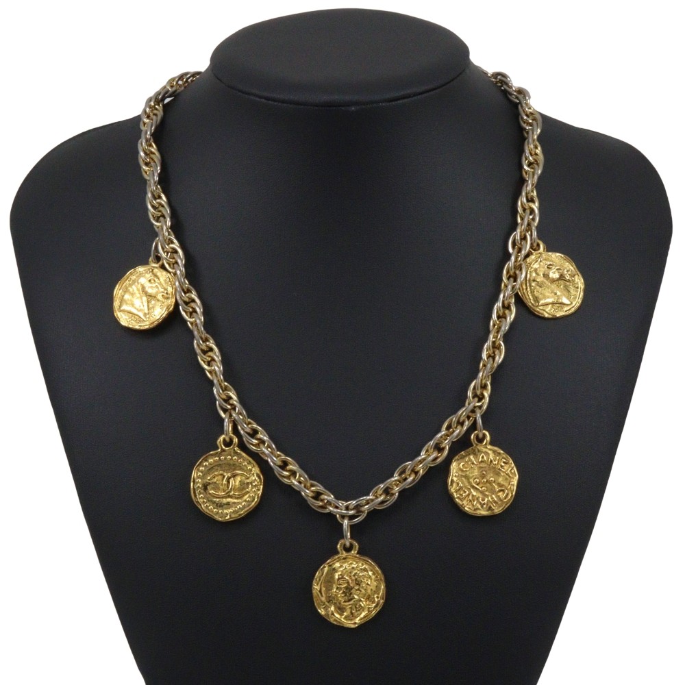 CHANEL COCO Mark coin charm Necklace vintage Plated Gold 74g Women