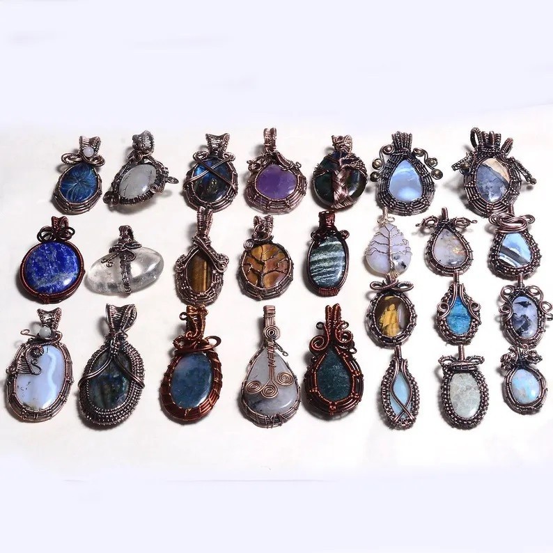 Natural Handmade Mix Gemstone Copper Wire Wrap 10 Pcs Lot Pendant Jewelry Reiki