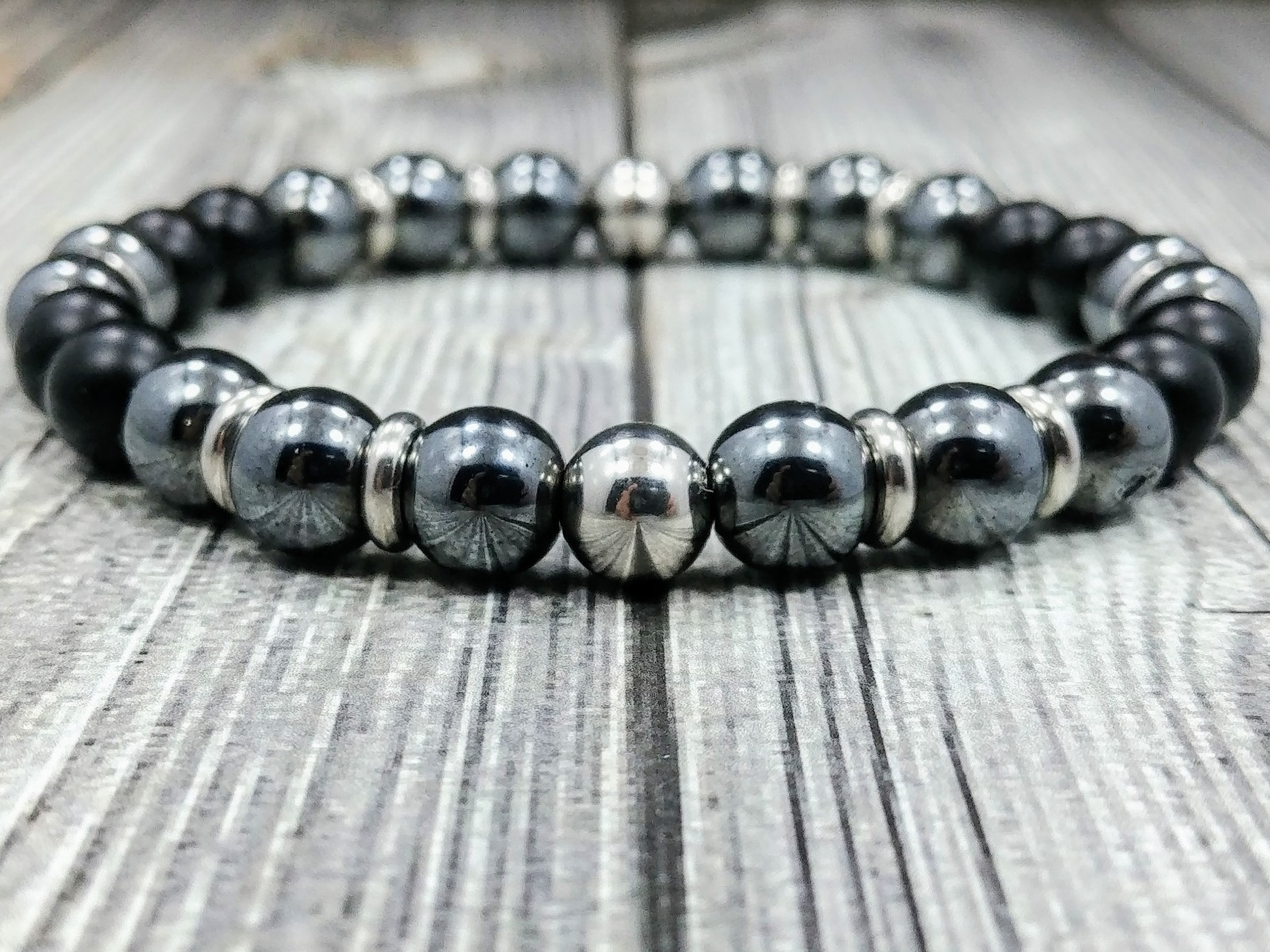 HIP 8″L Stainless Steel 8mm Black Onyx & Hematite Gemstone Beaded Men’s Bracelet