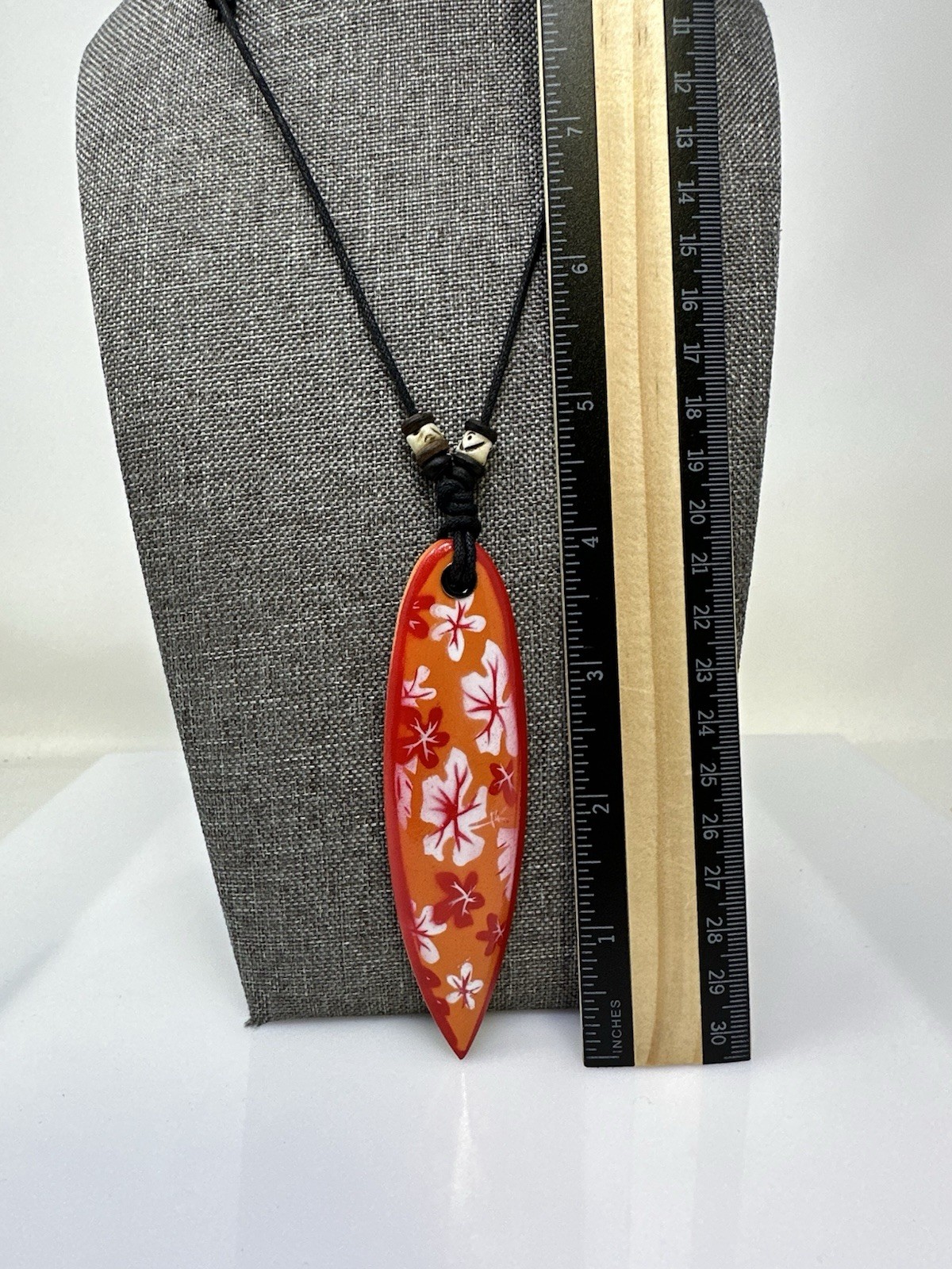 Orange Surfboard Necklace Hawaiian Flower Wood Pendant Beach Jewelry