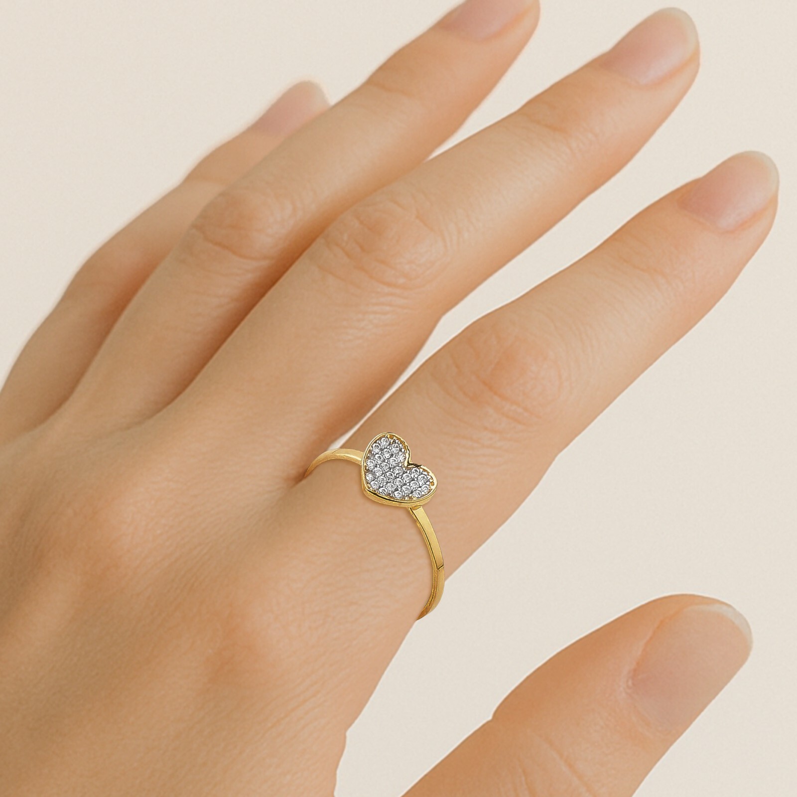 14k Yellow Solid Gold Heart Ring with Cubic Zirconia Stones – Love & Beauty (#7)