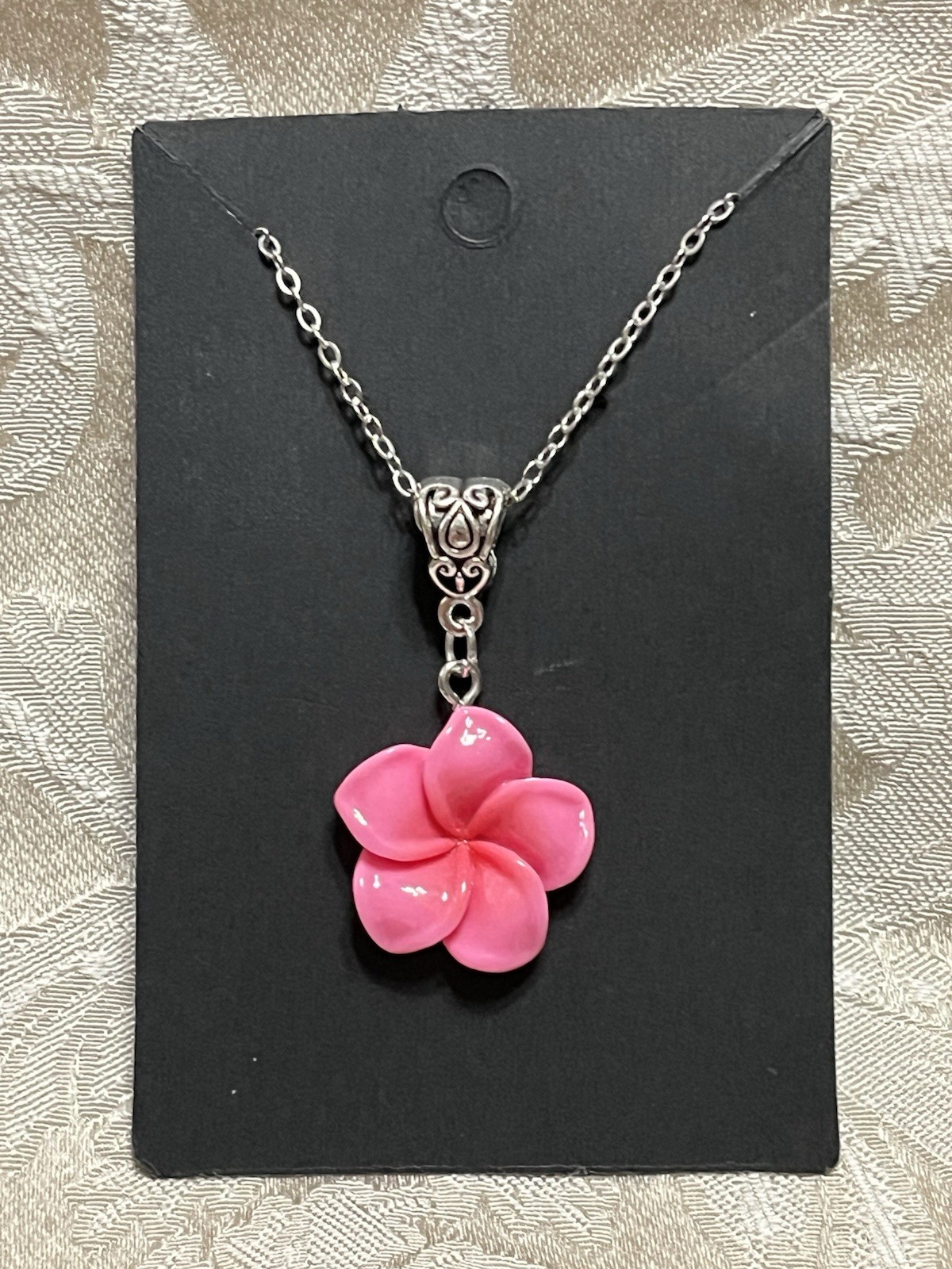Deep Pink Floral Camellia Flower Resin Pendant Silver 18” Necklace Boho Fashion