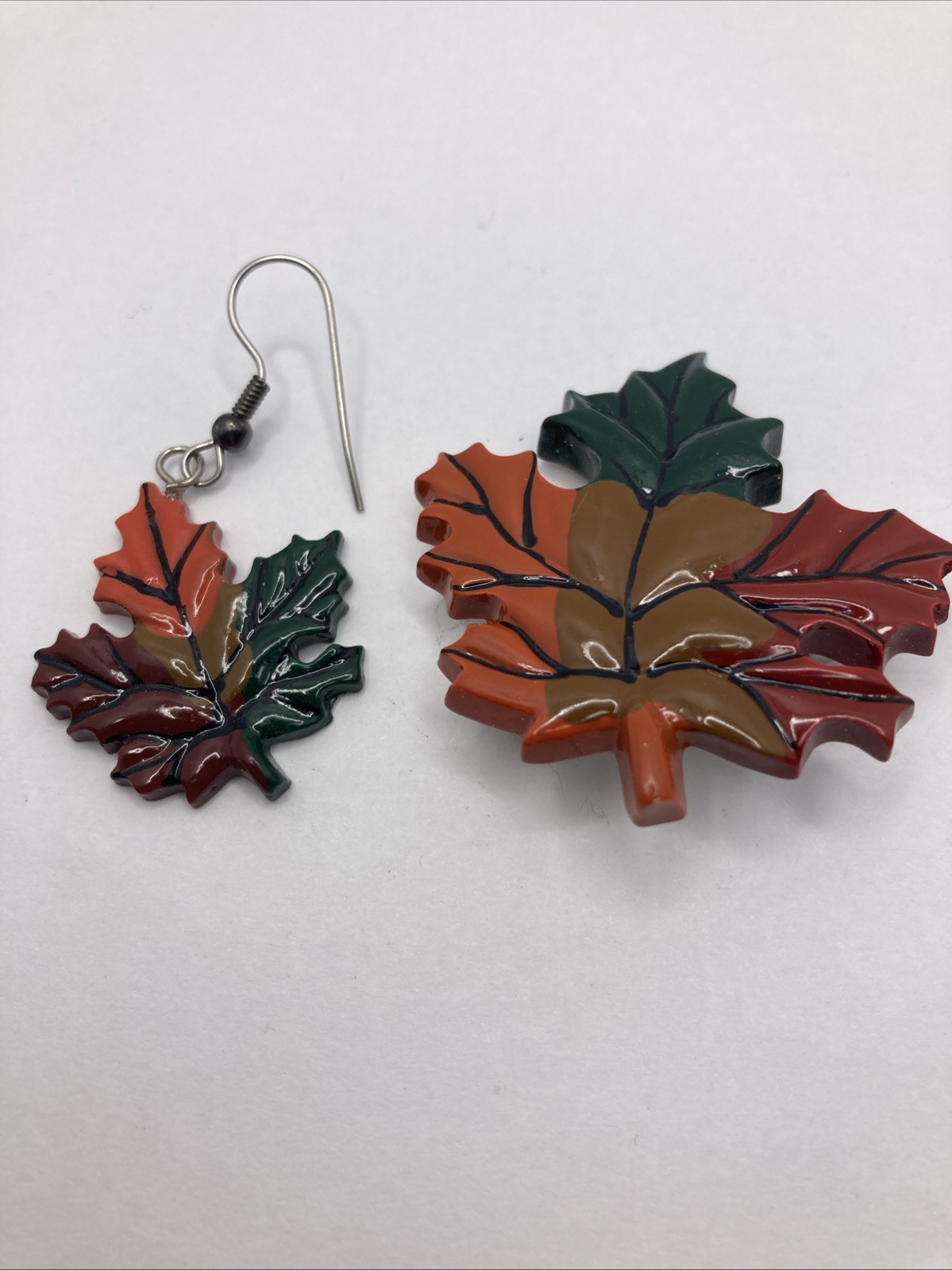 Fall Themed Multicolored Maple Leaf Leaves Brooch Pin And Earrings Set