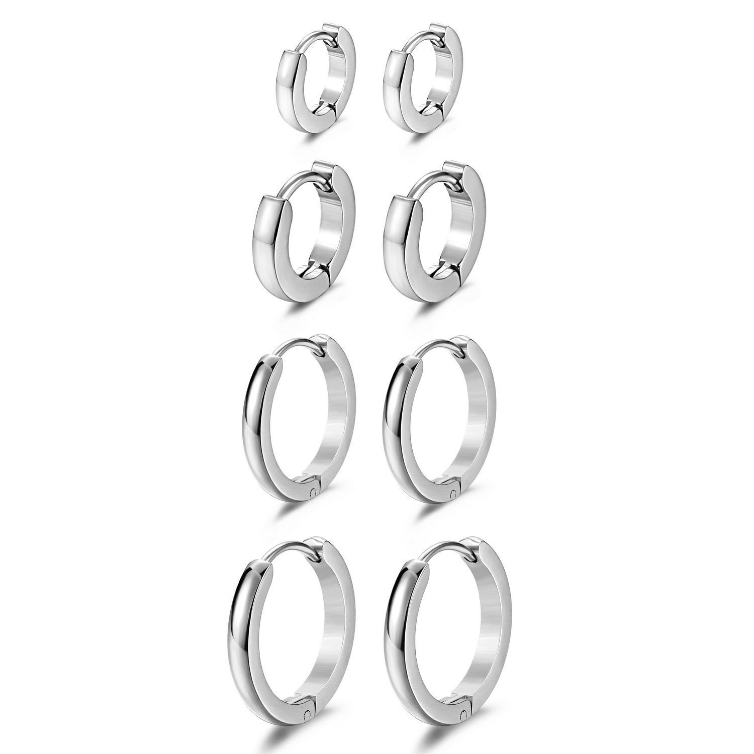 4 Pairs Stainless Steel Small Hinged Huggie Hoop Ear Earrings 7-14mm Women Men