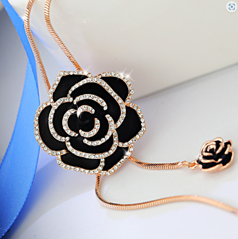 Women Girl Silver Tassel Rose Flower Pendant Necklace Chain Sweater Jewelry