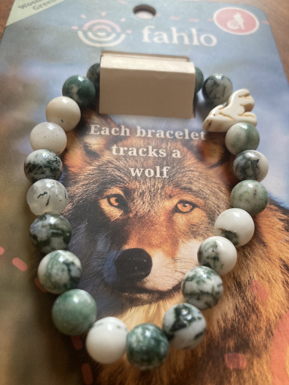 Fahlo Wolf Tracking bracelet, Woodland Green Beads Endangered Species Jewelry
