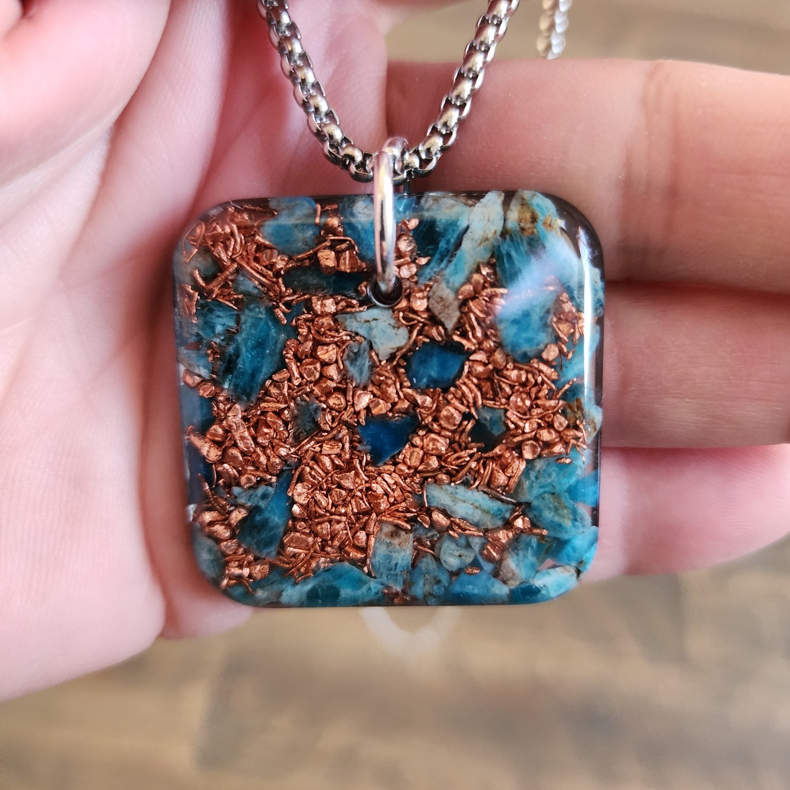 Square Orgonite Pendant with Apatite & Copper, Stainless Steel Chain 24″