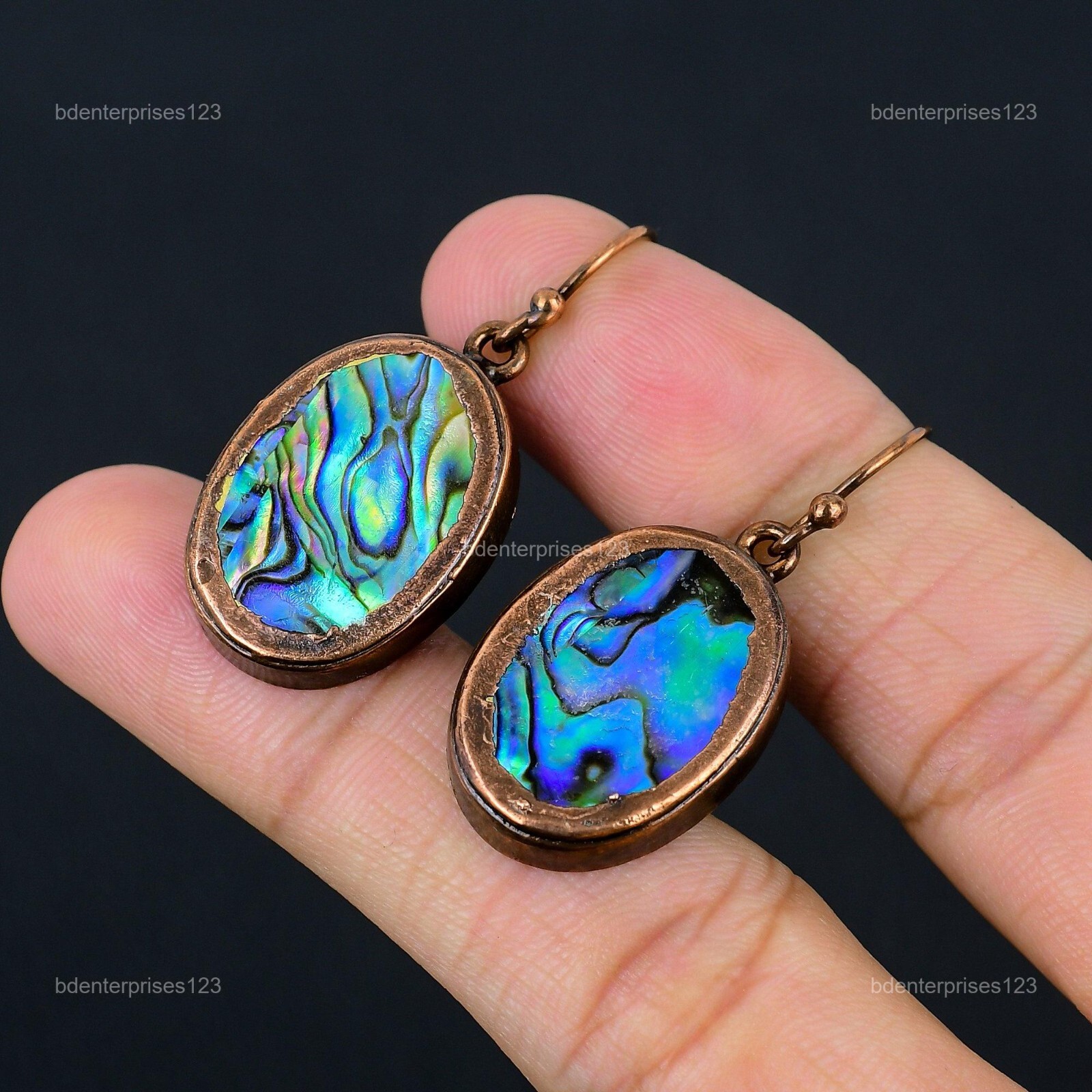 Copper Oval Abalone Shell Stone Wedding Drop Electroformed Hook Earrings Jewelry