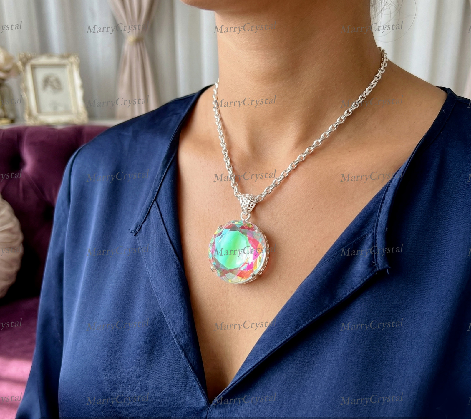 Handcrafted Dichroic Mystic Glass Pendant Necklace, Multi-Color Round Gemstone