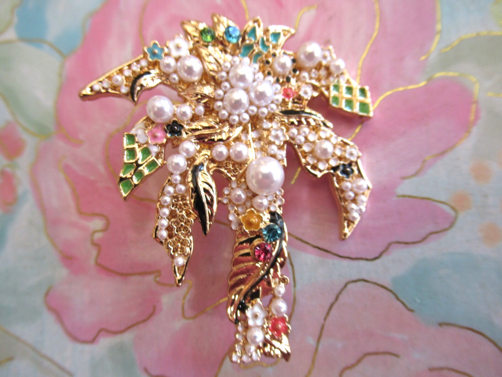 LOVELY PALM TREE CRYSTAL PEARLS GOLDEN PALM TREE BROOCH PIN NEW