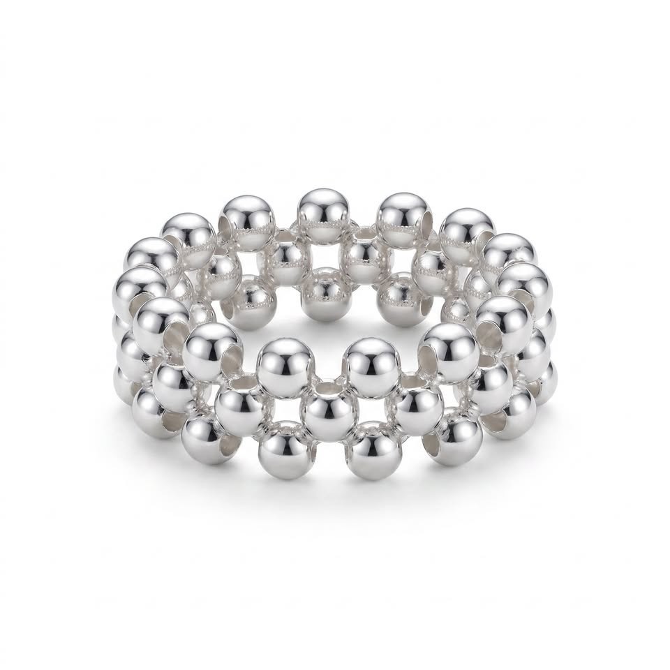 Anillo tejido con bolitas lisas, Talla 6,7,8,9,10, Plata .925