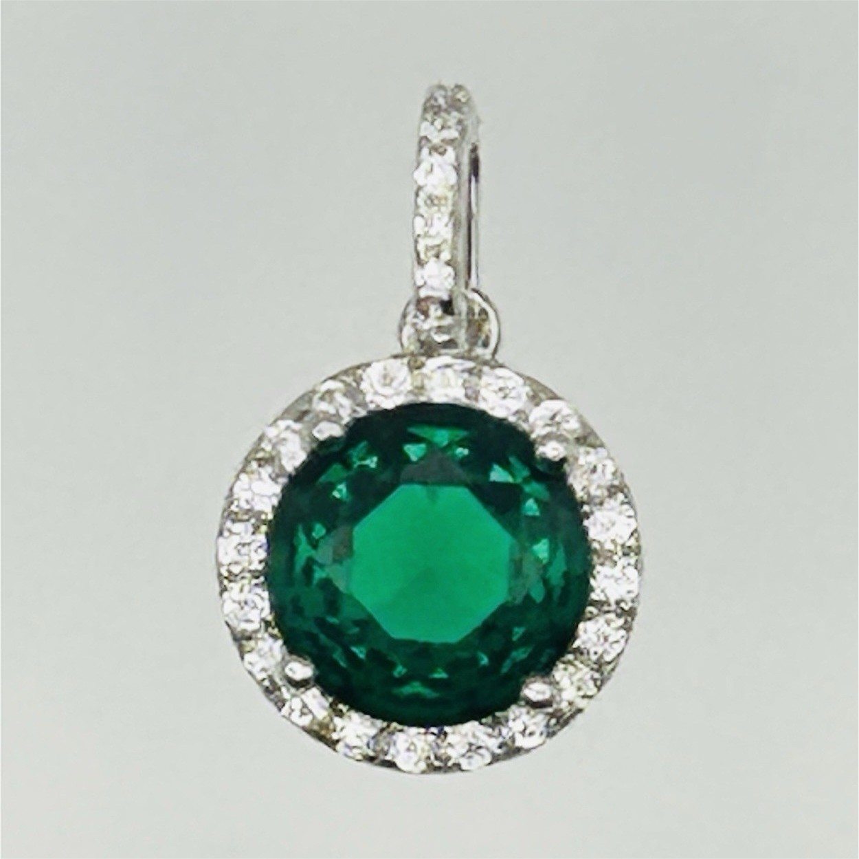 Sterling Silver Round Green Emerald CZ Halo Pendant