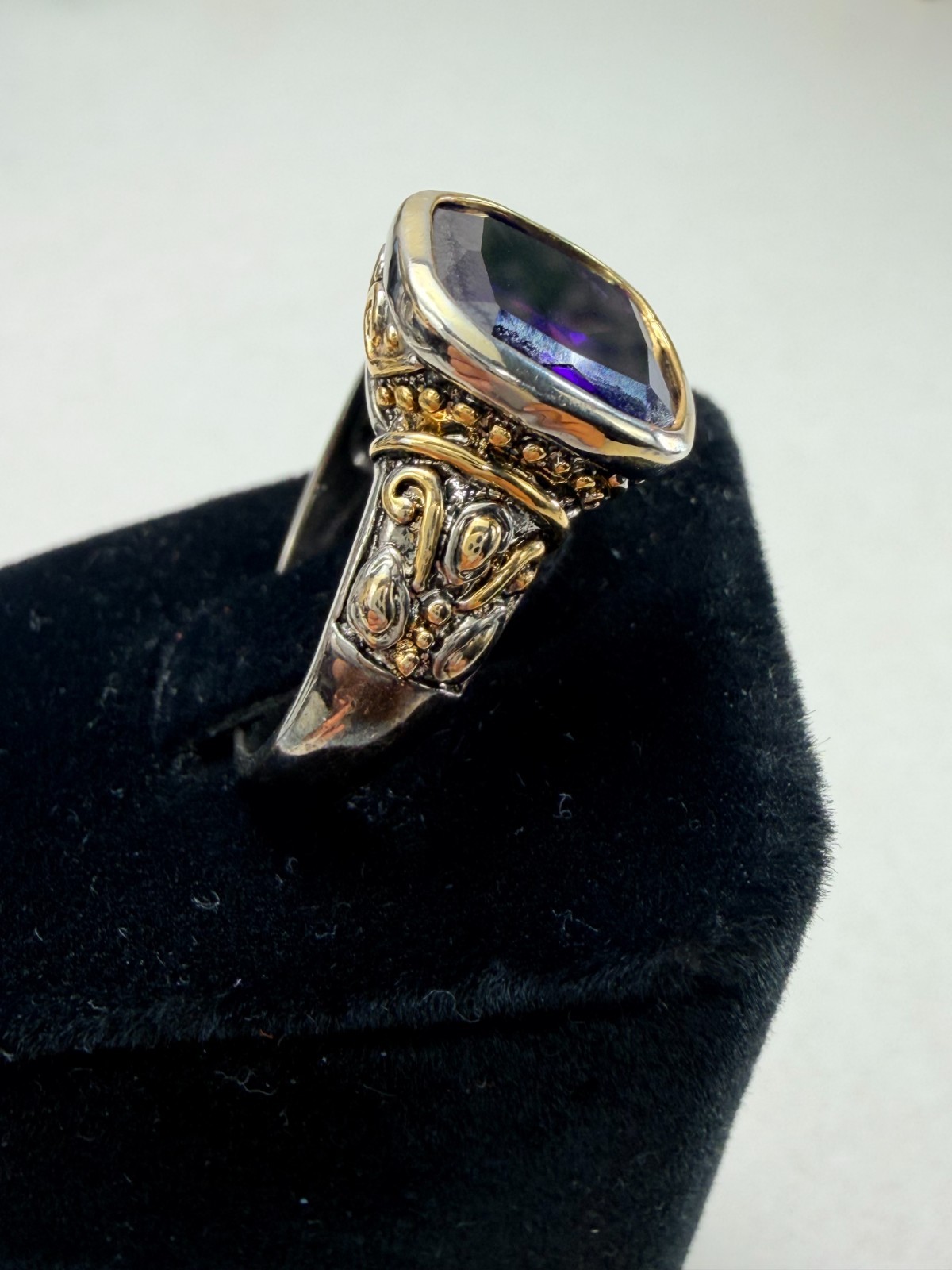 Bold Purple Crystal Ring Two Tone Statement Faceted Stone Size 10