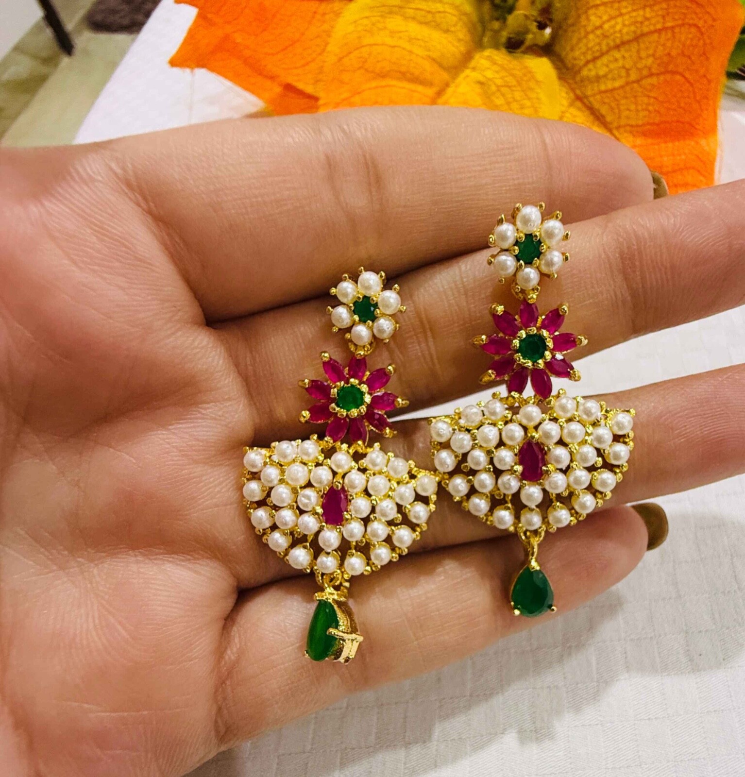 Colorful Floral Pearl Necklace | Ruby Emerald Green Gold Plated Indian Necklace